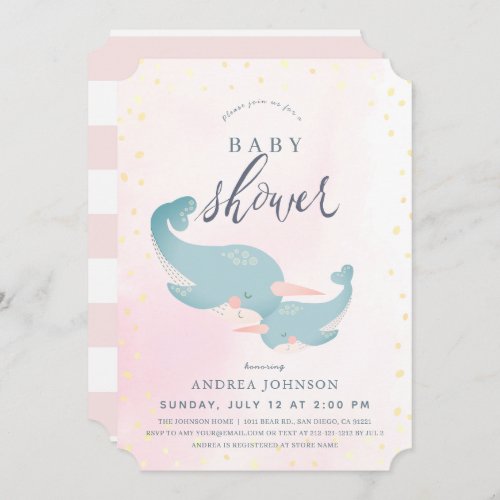 Narwhals Watercolor Pink Girl Baby Shower Invitation