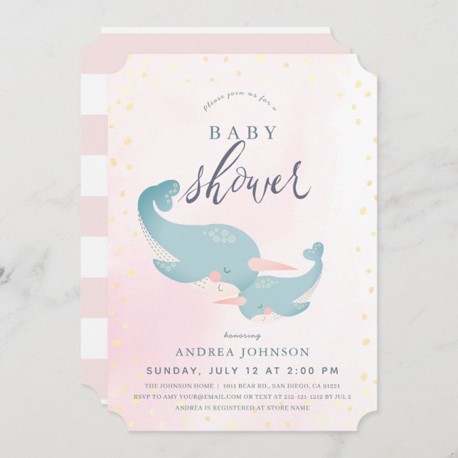 Narwhals Watercolor Pink Girl Baby Shower Invitation (Front/Back)