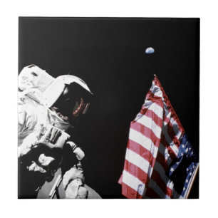 NASA Apollo 17 Astronaut Flag Earth Moon Photo Ceramic Tile