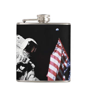 NASA Apollo 17 Astronaut Flag Earth Moon Photo Flask
