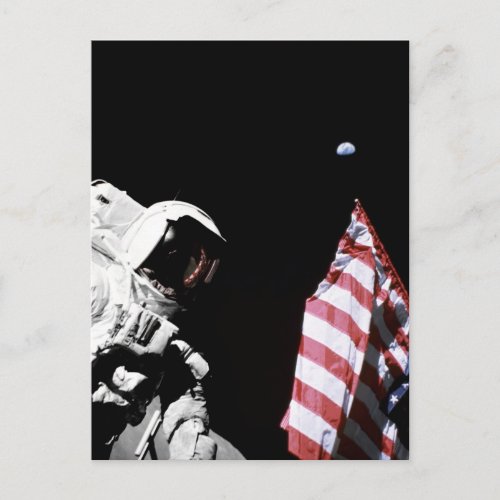 NASA Apollo 17 Astronaut Flag Earth Moon Photo Postcard