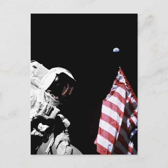 NASA Apollo 17 Astronaut Flag Earth Moon Photo Postcard (Front)
