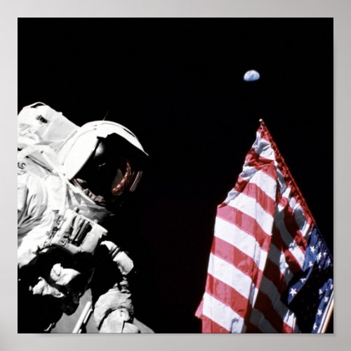 NASA Apollo 17 Astronaut Flag Earth Moon Photo Poster