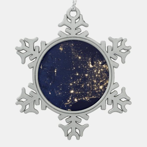 Nasa Lights from Space USA Snowflake Pewter Christmas Ornament