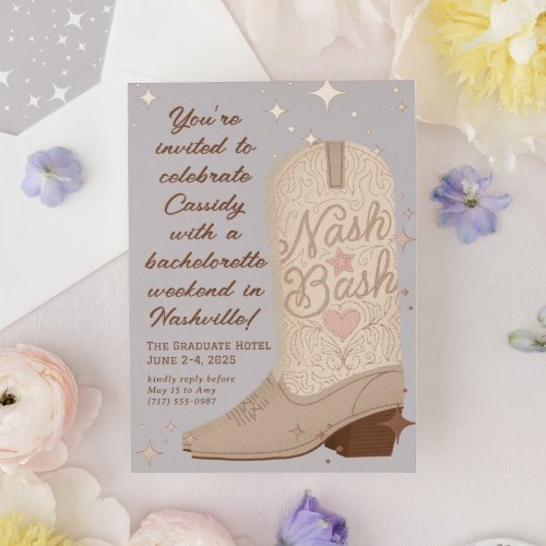 Nash Bash Cowgirl Boot Bachelorette Party Foil Invitation