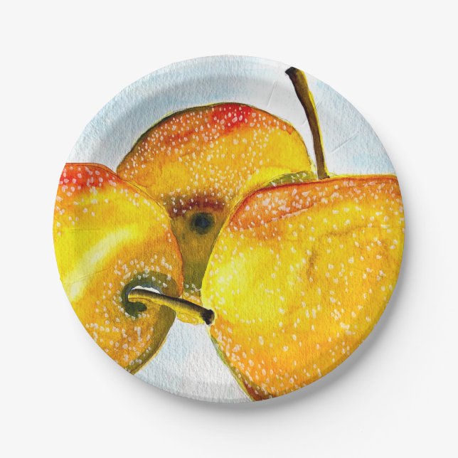 Nashi pear yellow watercolor fruit paper plates (Front)