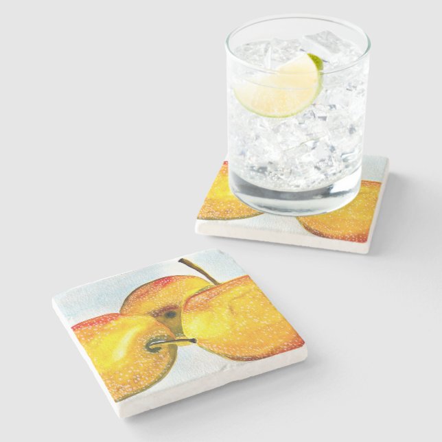 Nashi pears yellow watercolor fruit stone coaster (Side)