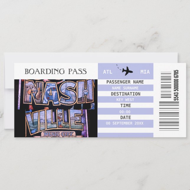 Nashville airplane boarding pass weekend getaway invitation (Front)