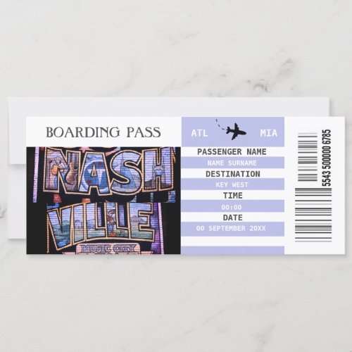 Nashville airplane boarding pass weekend getaway invitation