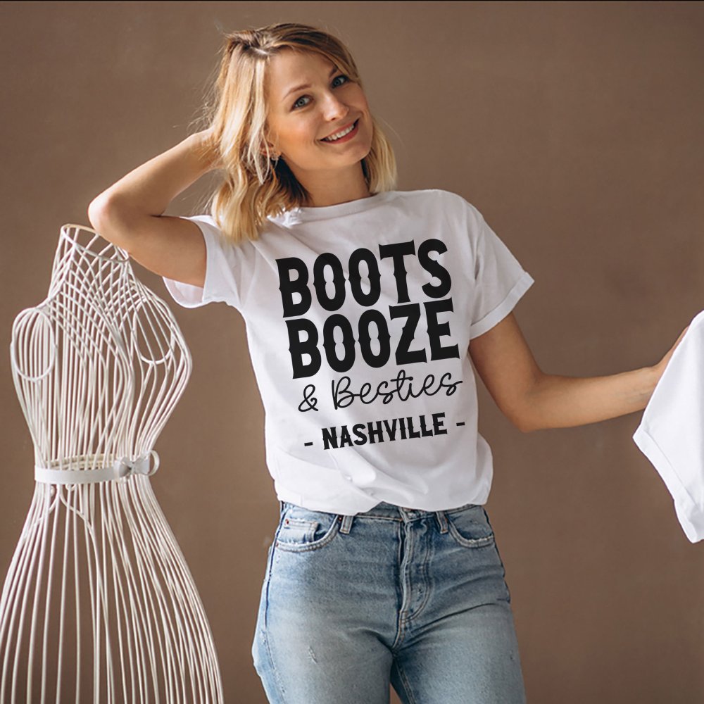 Discover Nashville Bachelorette Boots Booze Besties Personalized Custom T-Shirt