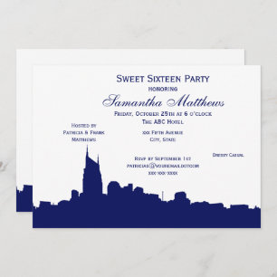 Nashville Black Skyline Silhouette Sweet 16 Blue Invitation