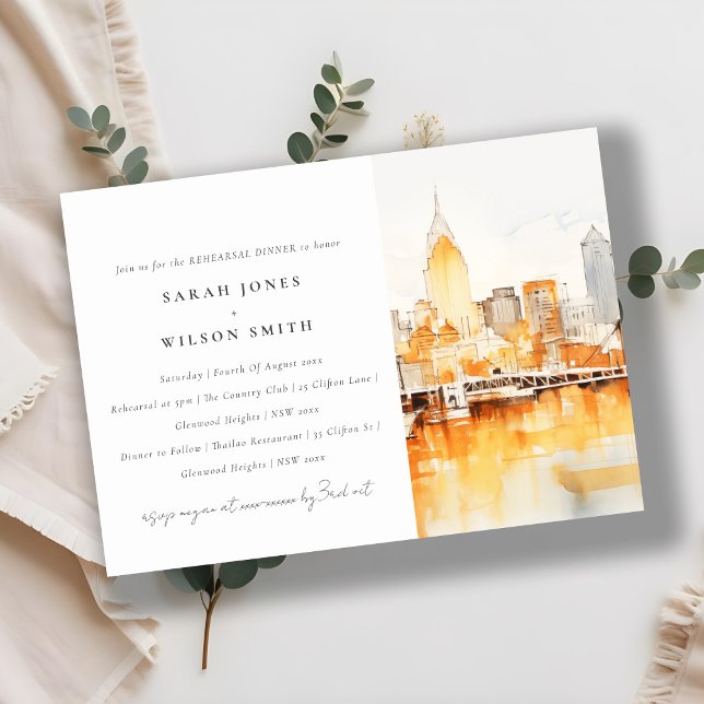 Nashville City Skyline Watercolor Rehearsal Dinner Invitation (Creator Uploaded)
