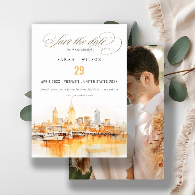 Nashville City Skyline Watercolor Wedding Photo Save The Date (Creator Uploaded)