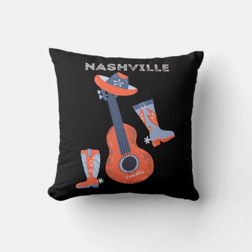 Nashville cowboy boots cowboy hat and guitar  throw pillow