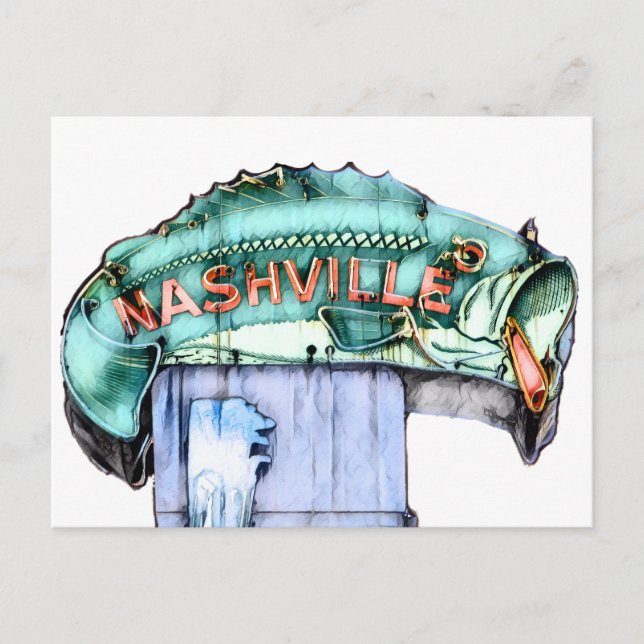 Nashville Fisherman Neon Sign Fish Watercolor Postcard (Front)