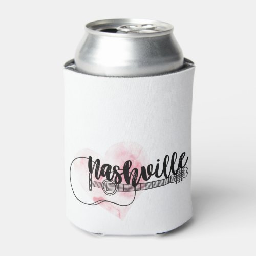 Nashville Guitar watercolor heart design Can Cooler