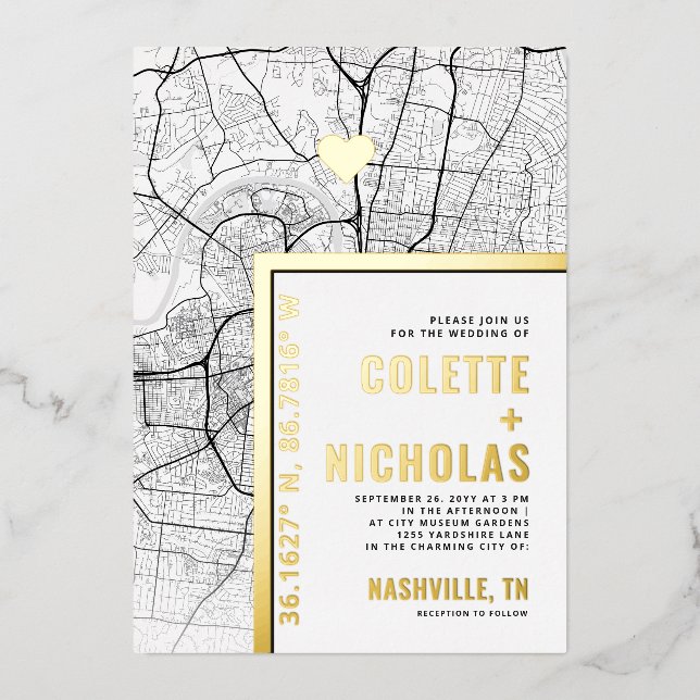 Nashville Love Locator | City Themed Wedding Foil Invitation (Front)