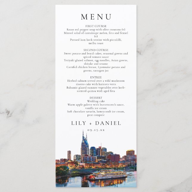 Nashville Riverfront Watercolor Elegant Wedding Menu (Front)