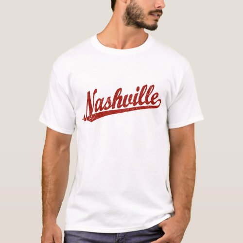 Nashville script logo in red distressed T_Shirt