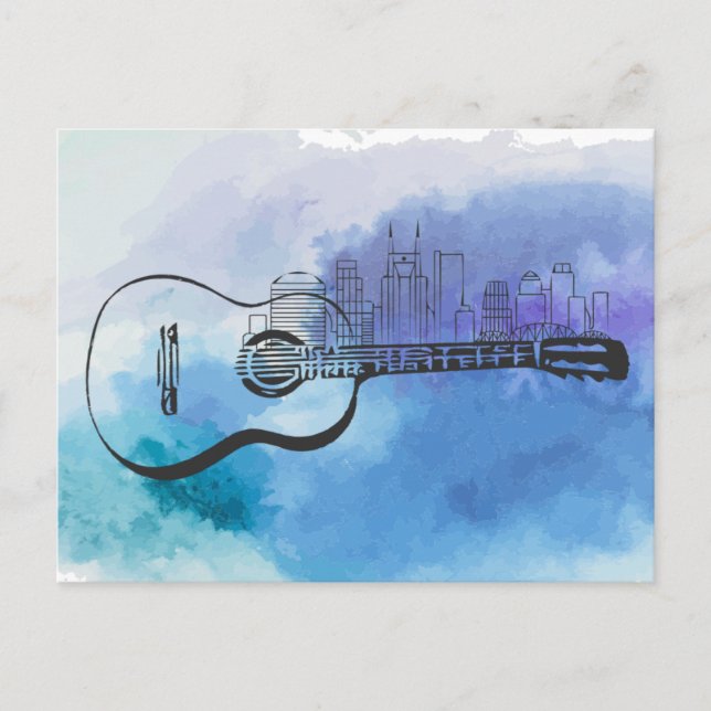 Nashville Skyline Guitar Watercolor Design Postcard (Front)