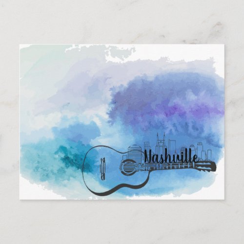 Nashville Skyline Guitar Watercolor Design Postcard
