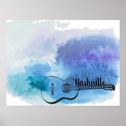 Nashville Skyline Guitar Watercolor Design Poster