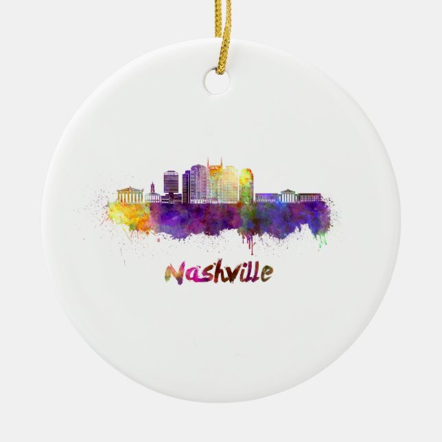 Nashville skyline in watercolor ceramic ornament (Front)
