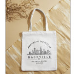 Nashville Skyline Tote Bag – Custom Wedding favor<br><div class="desc">Welcome your guests to City in style with this personalized Nashville skyline tote bag. Featuring a clean, modern illustration of Nashville's iconic cityscape and customizable names and date, this tote is perfect for weddings, destination events, or bachelorette weekends in Tennessee. Use it as a welcome bag filled with local goodies,...</div>