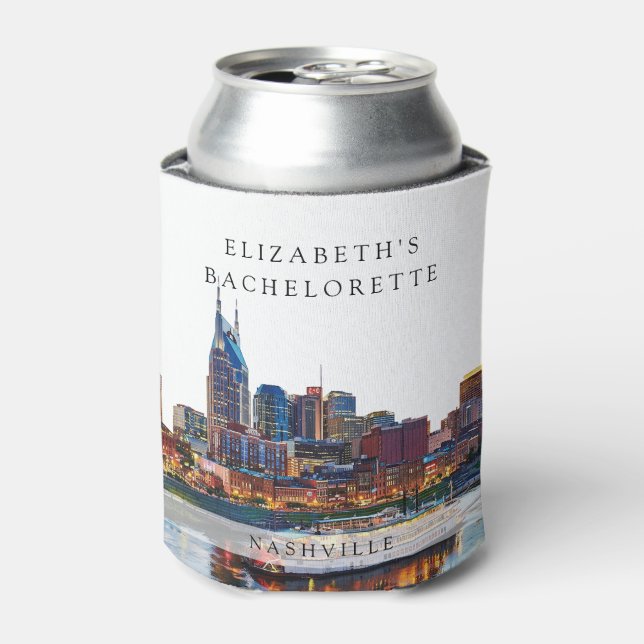 Nashville Skyline Watercolor Bachelorette Weekend Can Cooler (Can Front)