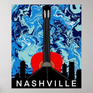Nashville Skyline with Red Guitar Poster