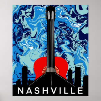 Nashville Skyline with Red Guitar Poster