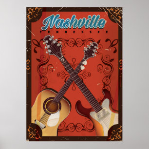 Nashville, Tennessee Guitar vintage travel poster