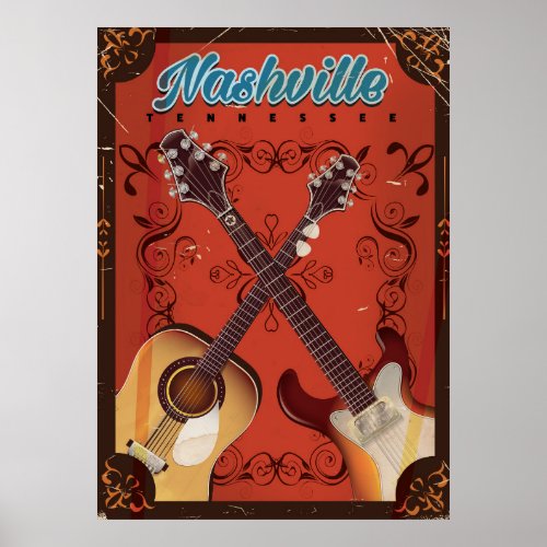 Nashville Tennessee Guitar vintage travel poster