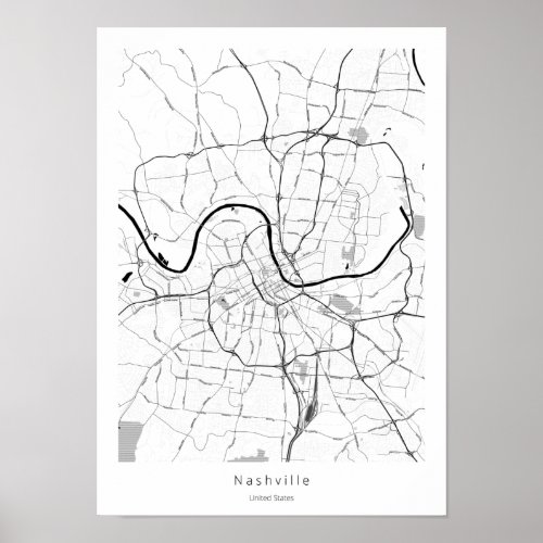 Nashville Tennessee Modern Minimal White City Map Poster