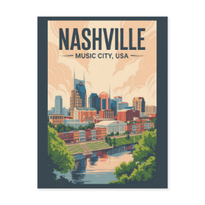 Nashville Tennessee Skyline Travel Art Vintage Postcard