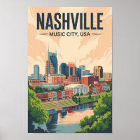 Nashville Tennessee Skyline Travel Art Vintage