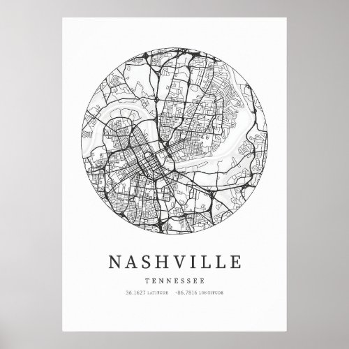Nashville Tennessee Street Layout Map Poster