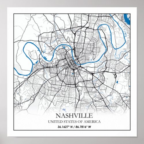 Nashville Tennessee USA Travel City Map Poster