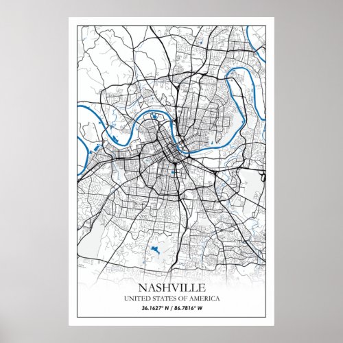 Nashville Tennessee USA Travel City Map Poster