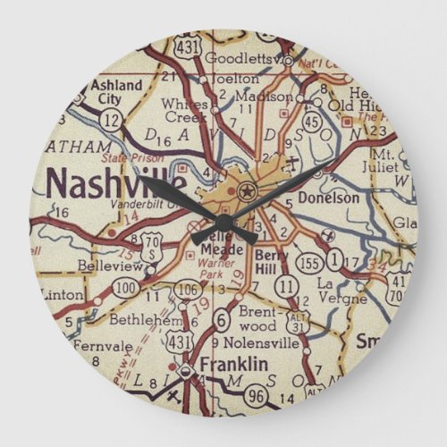 Nashville Tennessee Vintage Map Large Clock