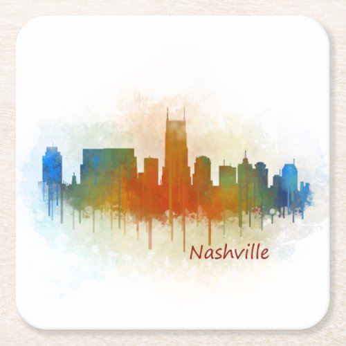 Nashville Tennessee watercolor Skyline art v3 Square Paper Coaster