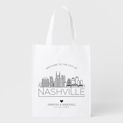 Nashville Tennessee Wedding  Stylized Skyline Grocery Bag