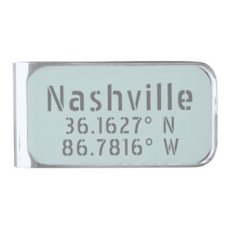 Nashville TN Latitude Longitude Silver Finish Money Clip