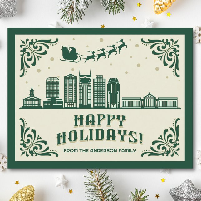 Nashville, TN Skyline Happy Holidays Postcard (Happy Holidays Nashville, TN skyline cityscape christmas postcard customizable real estate Santa )