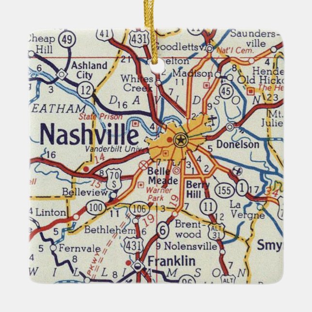 Nashville TN Vintage Map Ceramic Ornament (Front)