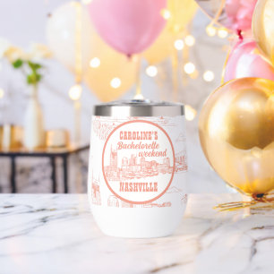 Nashville Toile Bachelorette Coral Pink on White Thermal Wine Tumbler