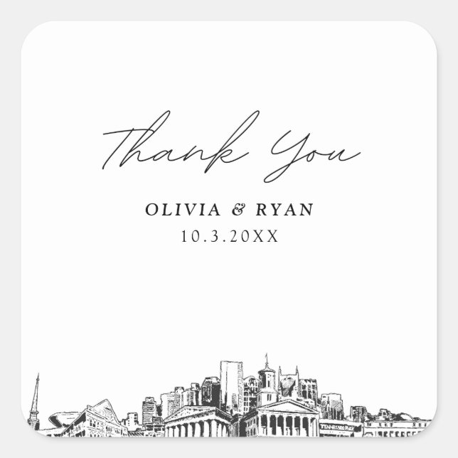 Nashville Wedding Landmarks Favor Thank You Square Sticker (Front)