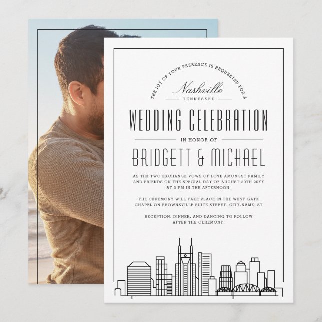 Nashville Wedding | Modern Deco City Skyline  Invitation (Front/Back)