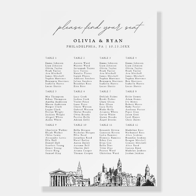 Nashville Wedding Seating Chart 12 Tables 24x36 Foam Board (Front)
