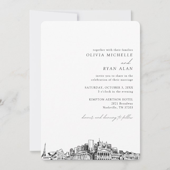 Nashville Wedding Skyline Sketch Invitation (Front)